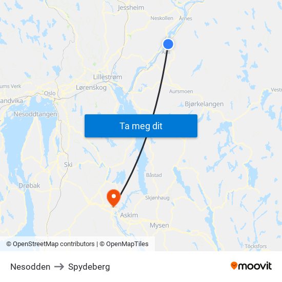 Nesodden to Spydeberg map