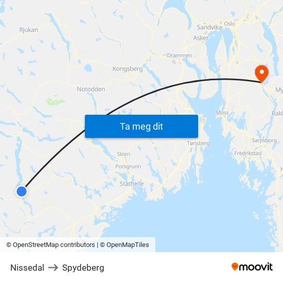 Nissedal to Spydeberg map