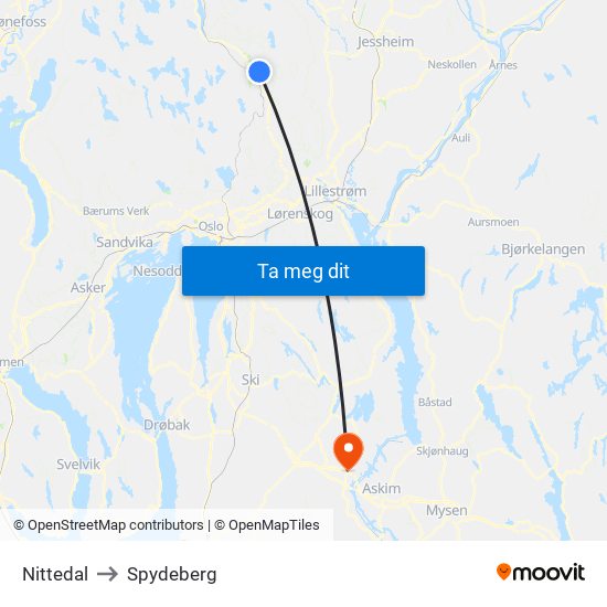 Nittedal to Spydeberg map