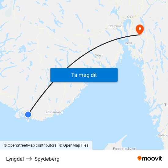 Lyngdal to Spydeberg map