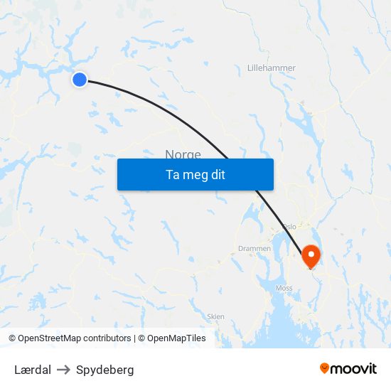 Lærdal to Spydeberg map
