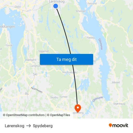 Lørenskog to Spydeberg map