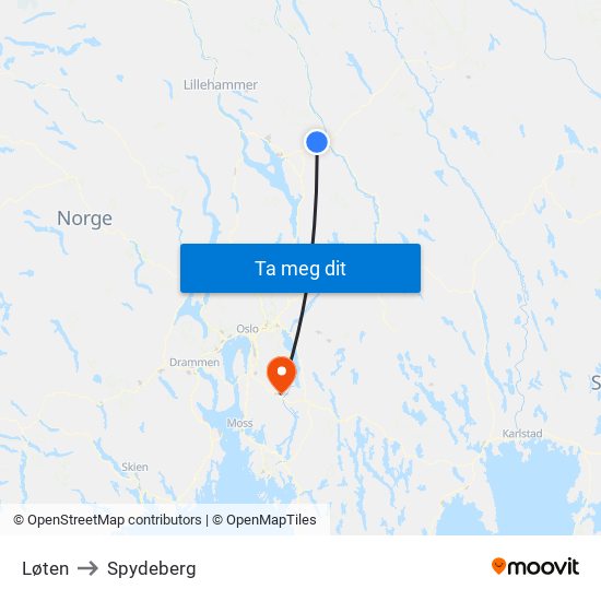 Løten to Spydeberg map