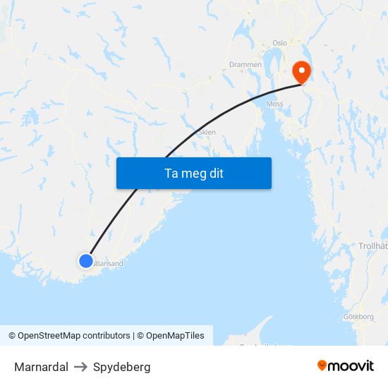 Marnardal to Spydeberg map