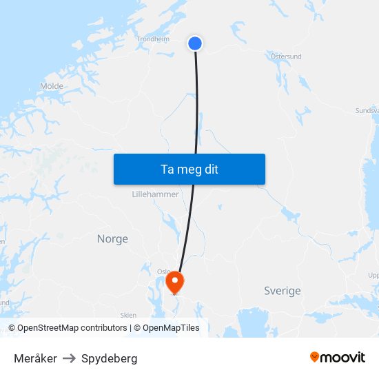 Meråker to Spydeberg map