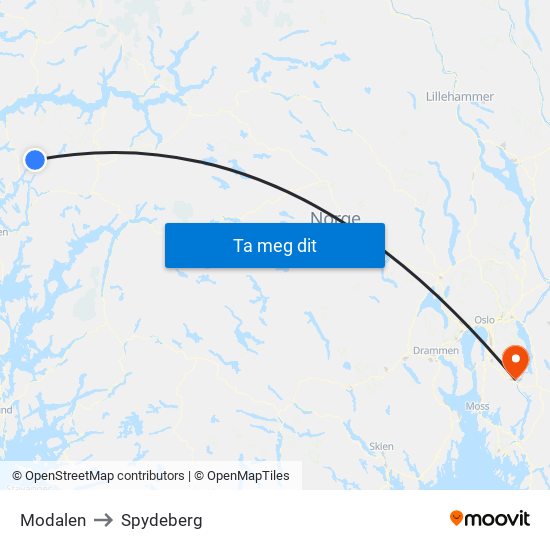 Modalen to Spydeberg map