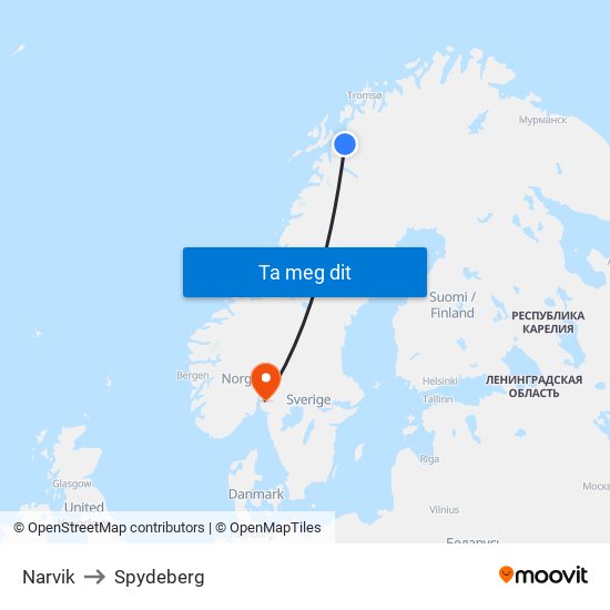 Narvik to Spydeberg map