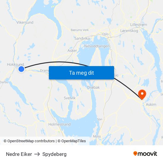 Nedre Eiker to Spydeberg map