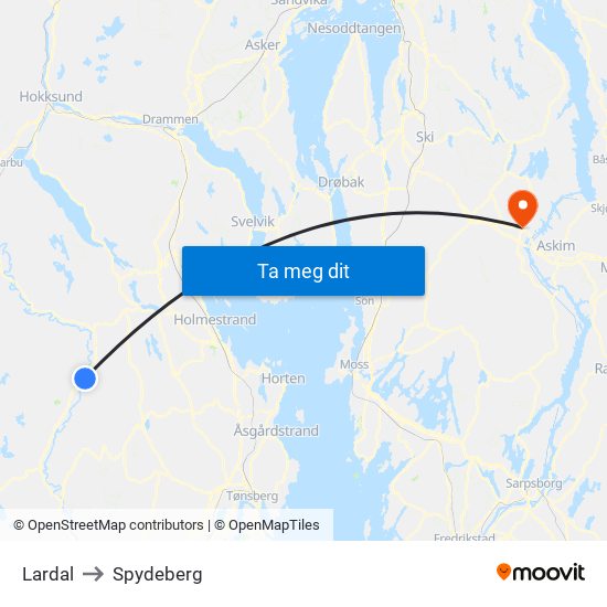 Lardal to Spydeberg map