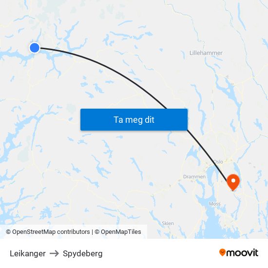 Leikanger to Spydeberg map