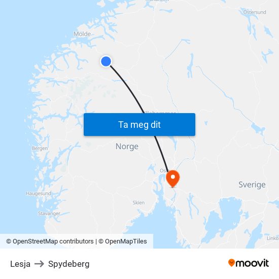 Lesja to Spydeberg map