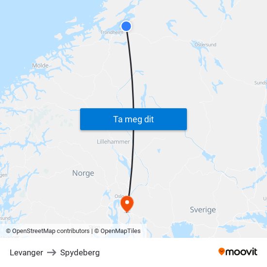Levanger to Spydeberg map