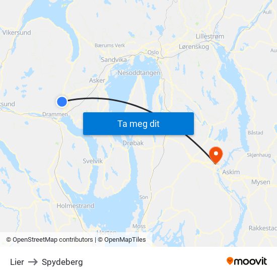 Lier to Spydeberg map