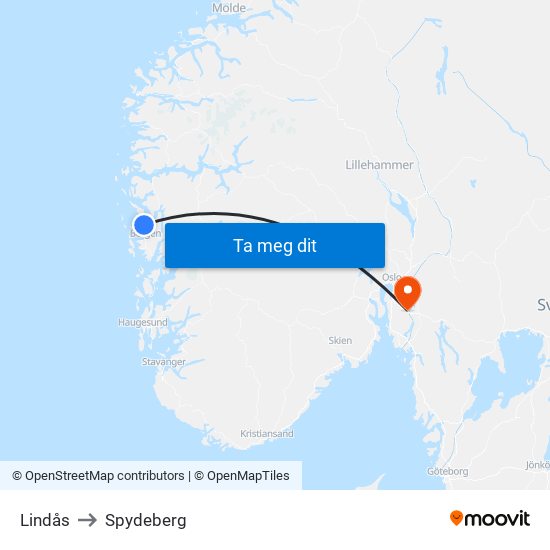 Lindås to Spydeberg map