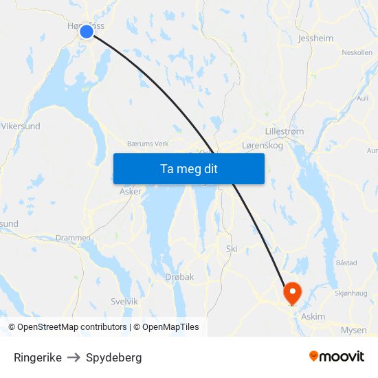 Ringerike to Spydeberg map