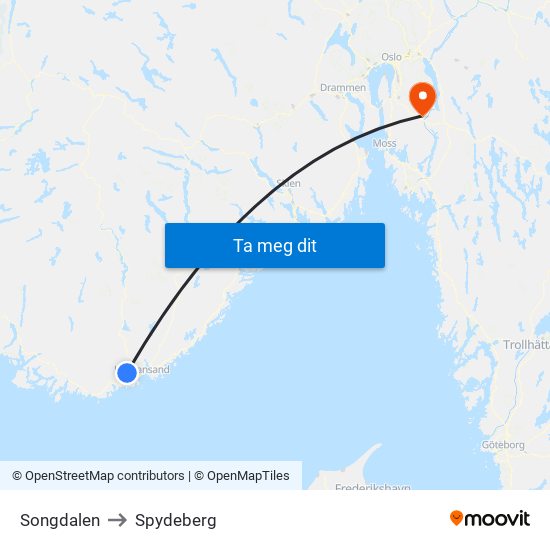 Songdalen to Spydeberg map