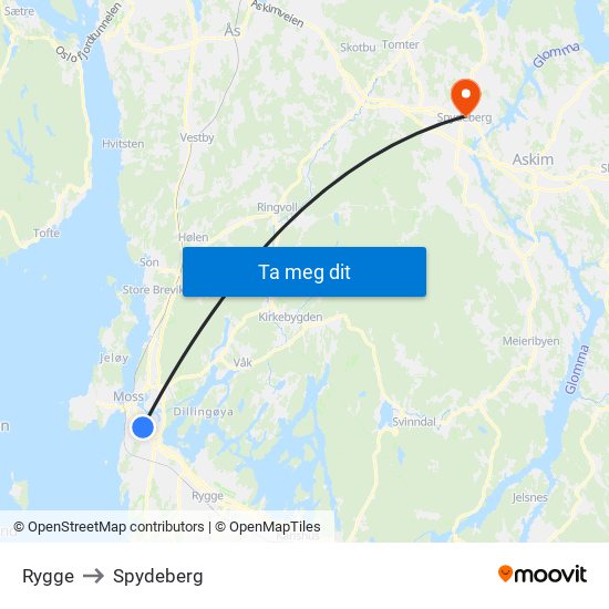 Rygge to Spydeberg map