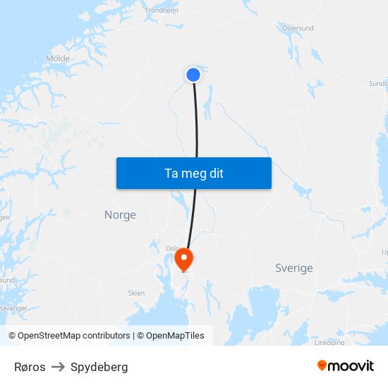 Røros to Spydeberg map