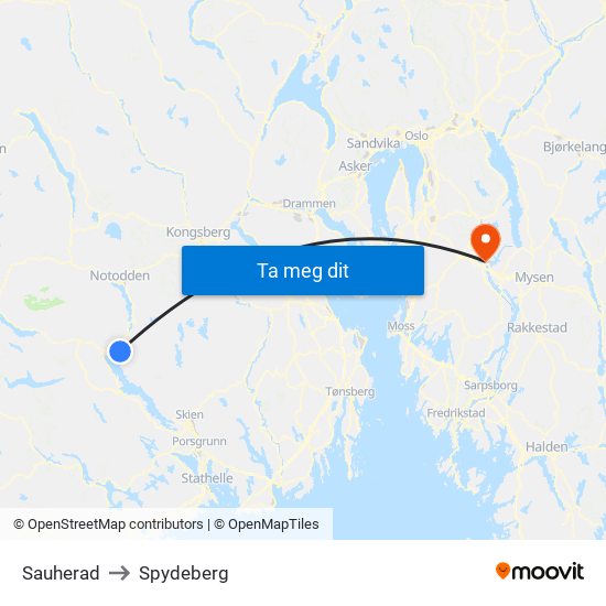 Sauherad to Spydeberg map