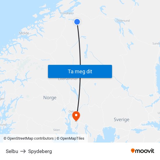 Selbu to Spydeberg map