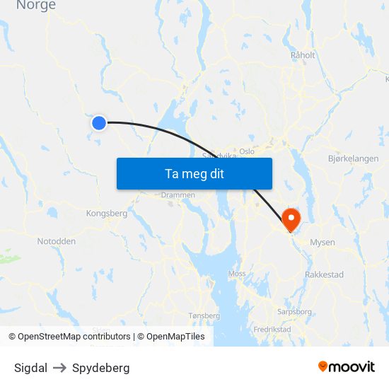 Sigdal to Spydeberg map