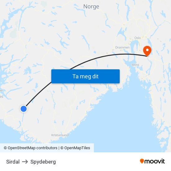 Sirdal to Spydeberg map