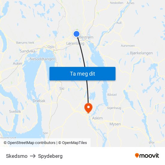 Skedsmo to Spydeberg map