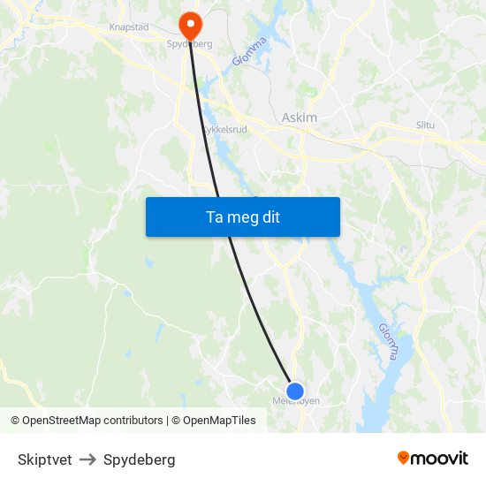 Skiptvet to Spydeberg map