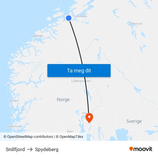 Snillfjord to Spydeberg map
