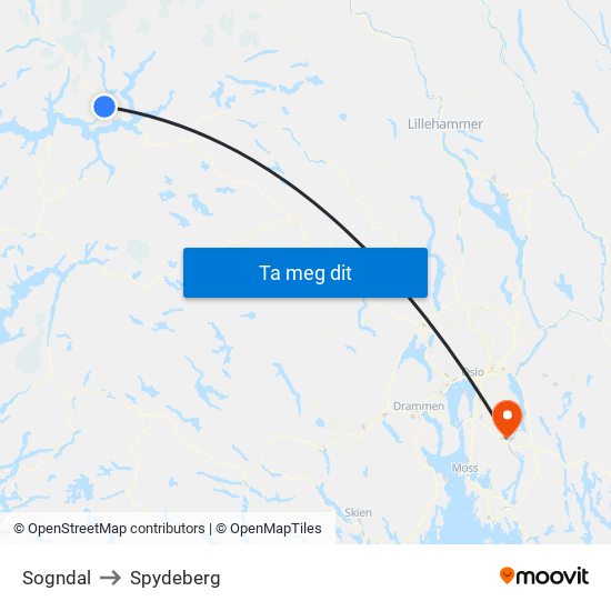 Sogndal to Spydeberg map