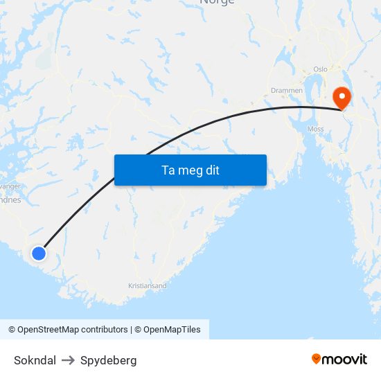 Sokndal to Spydeberg map