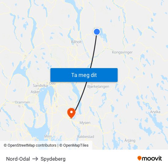 Nord-Odal to Spydeberg map