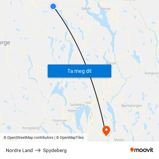 Nordre Land to Spydeberg map