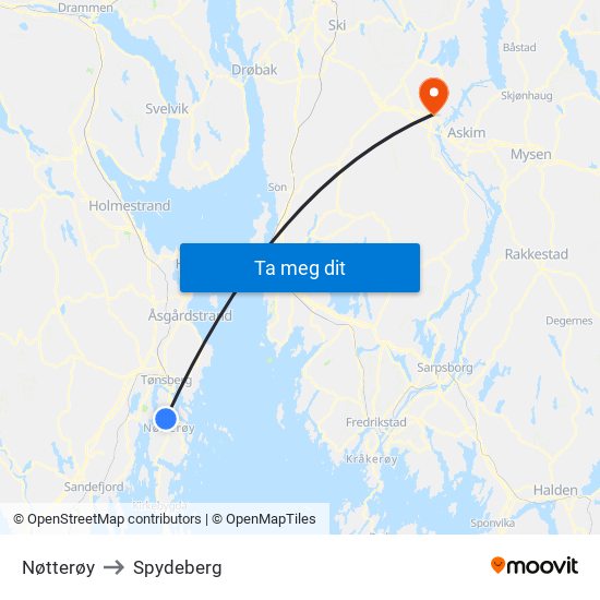 Nøtterøy to Spydeberg map