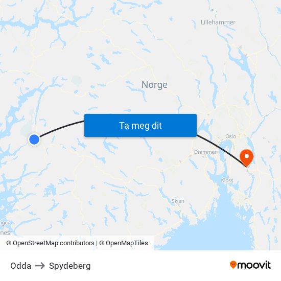 Odda to Spydeberg map