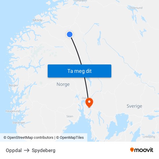 Oppdal to Spydeberg map