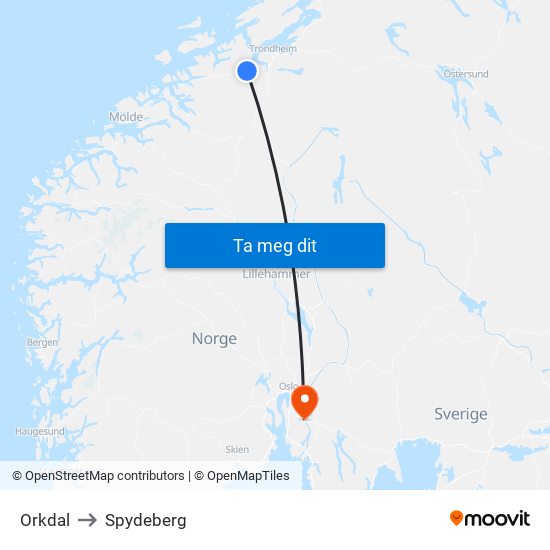 Orkdal to Spydeberg map