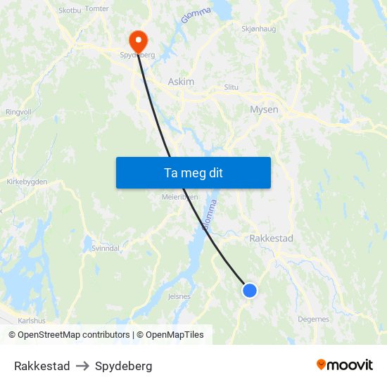 Rakkestad to Spydeberg map