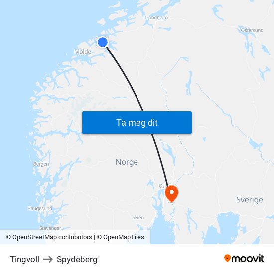 Tingvoll to Spydeberg map