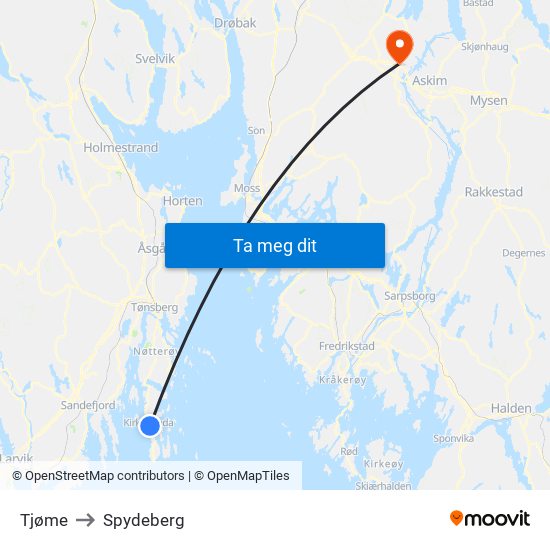 Tjøme to Spydeberg map