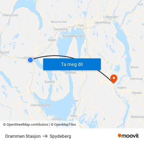 Drammen Stasjon to Spydeberg map