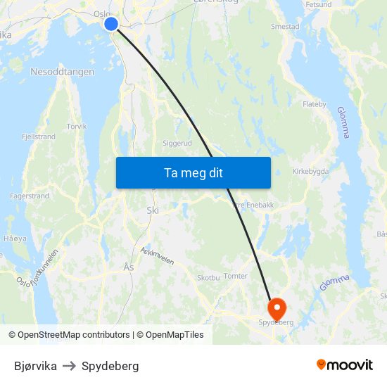 Bjørvika to Spydeberg map