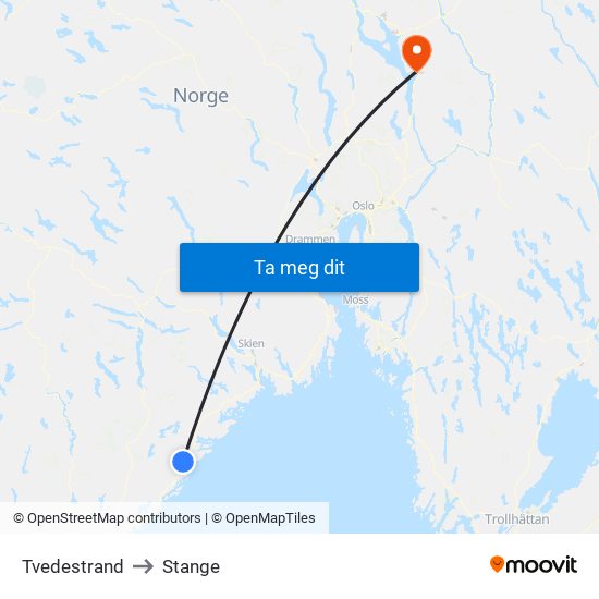 Tvedestrand to Stange map