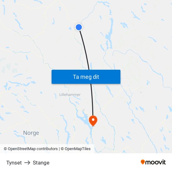 Tynset to Stange map