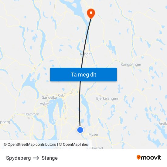 Spydeberg to Stange map