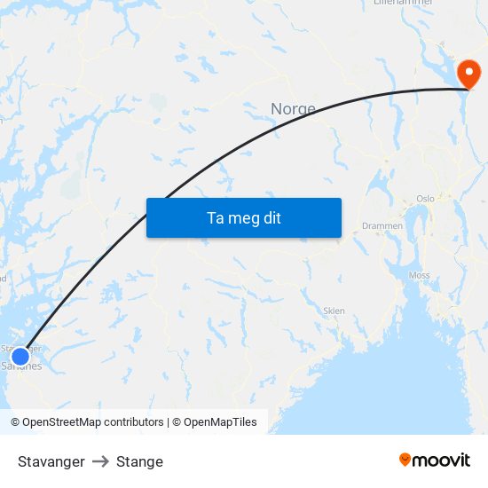 Stavanger to Stange map