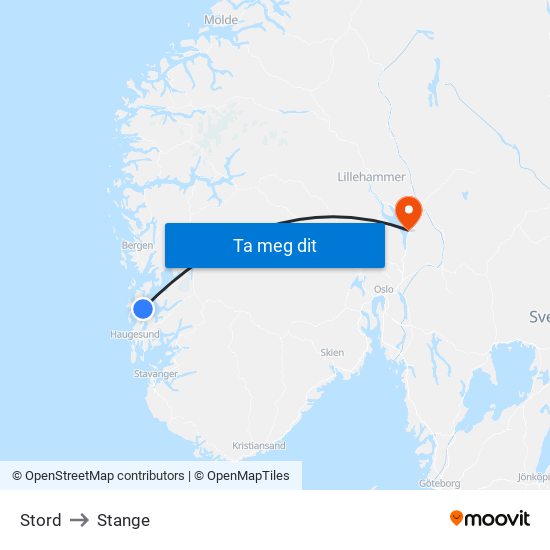 Stord to Stange map