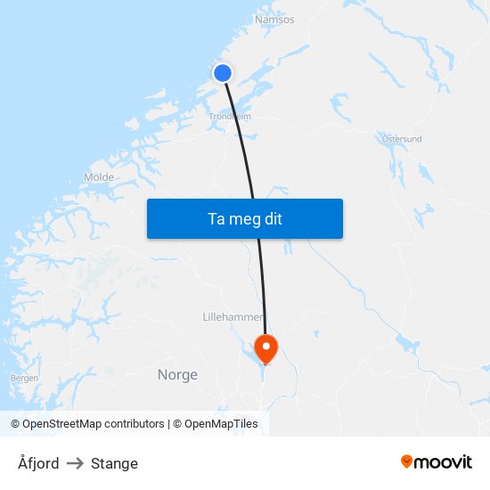 Åfjord to Stange map