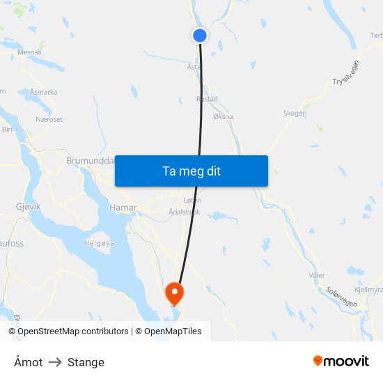 Åmot to Stange map
