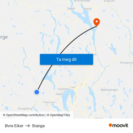 Øvre Eiker to Stange map